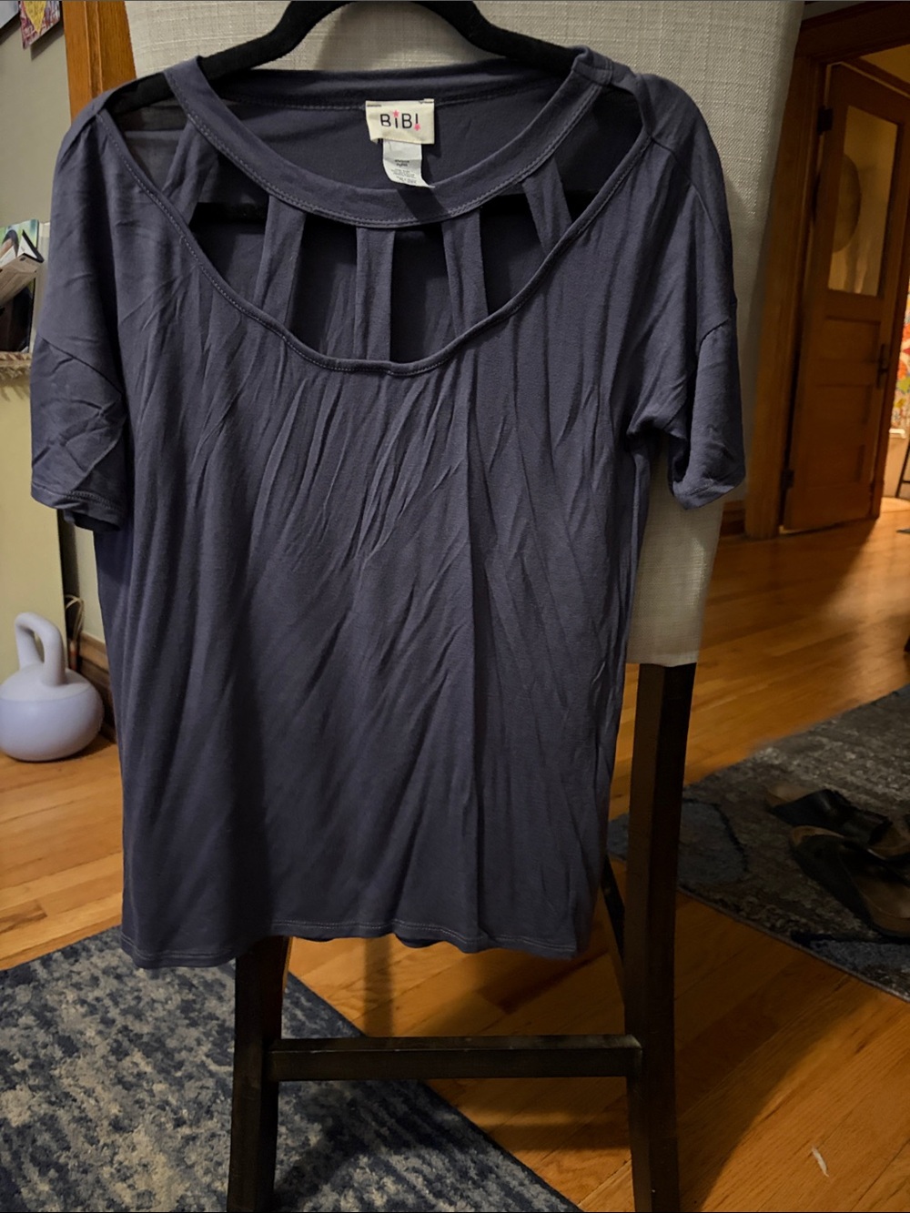 BiBi Short Sleeve Ladder Cutout Top in Blue